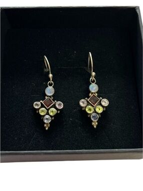 925 Sterling silver multicoloured hanging gemstone earrings. Stamped.